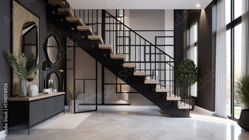 a beautiful staircase in the hall  black design