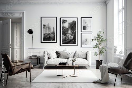 White living room with seating and poster. Generative AI