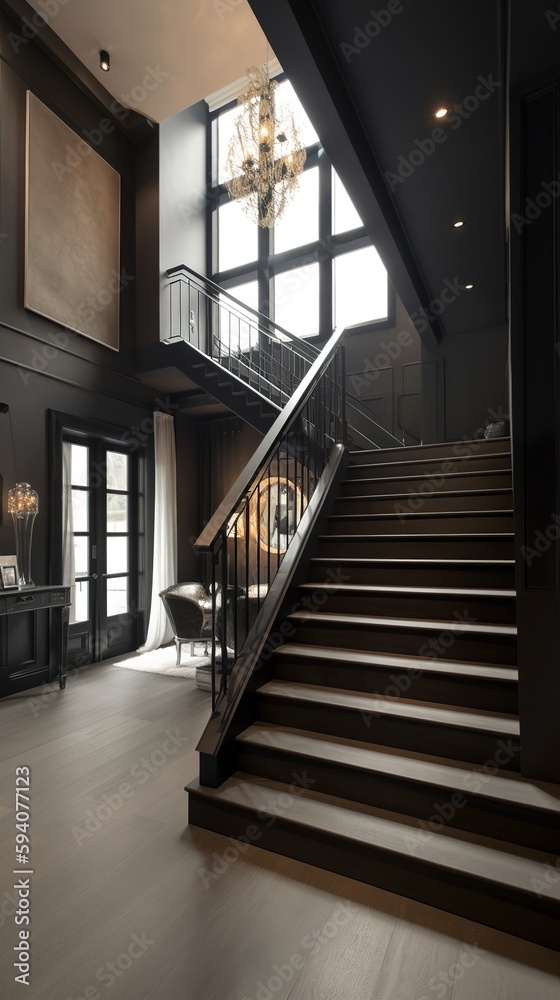 a beautiful staircase in the hall, black design a beautiful staircase in the hall, black design