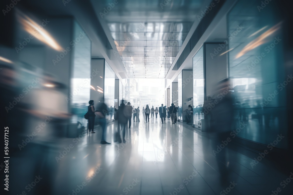 Blurred people in a modern hall. Generative AI Blurred people in a modern hall. Generative AI