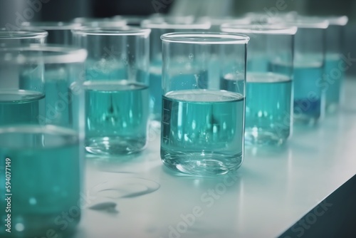 Chemicalfilled laboratory glasses for research in biochemistry. Generative AI