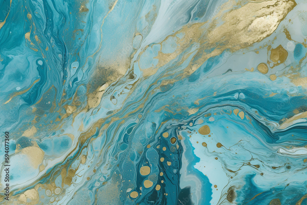 Abstrato de luxo, arte líquida. Tinta de álcool azul com estrias de tinta dourada, superfície de água, textura de mármore