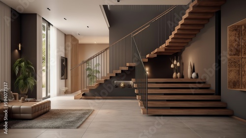 a beautiful staircase in the hall  brown design