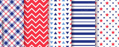 America independence day backgrounds. 4th july seamless pattern. Patriotic textures. American flag prints. Set of blue red geometric backdrops with stars stripes and plaid. Vector illustration.