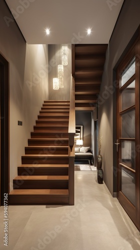 a beautiful staircase in the hall, brown design