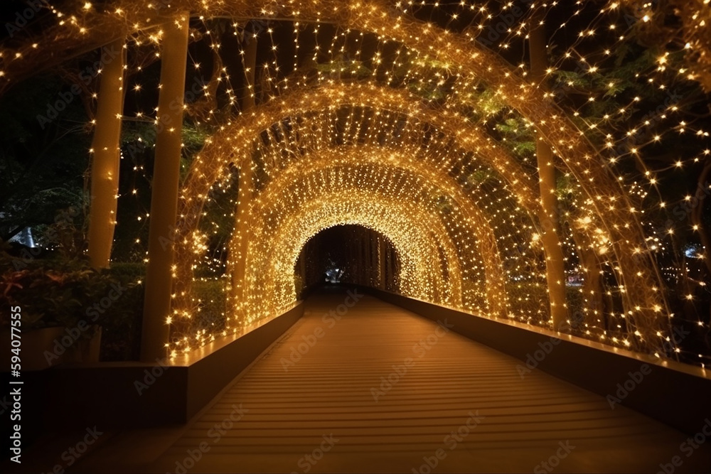 Linha de iluminação pendurada na decoração da curva no túnel de fadas da natureza na noite de natal com bokeh entre o caminho do terraço - obrazy, fototapety, plakaty 
