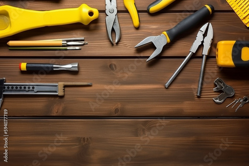 Vista superior de vários kits de ferramentas domésticas amarelas para bricolage. colocar na mesa de madeira photo