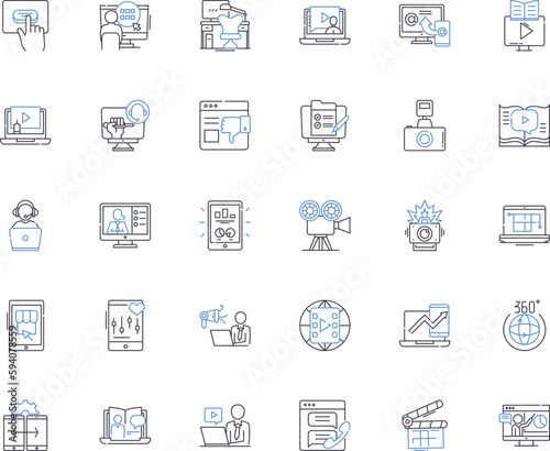 Audiovisual line icons collection. Projection, Sound, Recording, Visuals, Streaming, Multimedia, Editing vector and linear illustration. Cinematography,Lighting,Amplifiers outline signs set