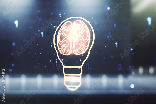 Double exposure of abstract virtual creative light bulb hologram with human brain on modern business center exterior background, idea and brainstorming concept