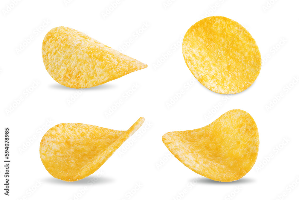 Yellow potato chips with salt and spices on a white isolated background Yellow potato chips with salt and spices on a white isolated background