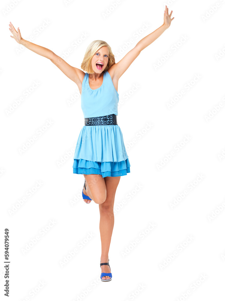 Excited, surprise and energy with portrait of woman with celebration, motivation and success. Freedom, wow and smile of a model girl with confidence and isolated on a transparent, png background Excited, surprise and energy with portrait of woman with celebration, motivation and success. Freedom, wow and smile of a model girl with confidence and isolated on a transparent, png background