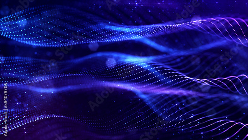 3d render. Abstract sci-fi bg with glow particles form curved lines, surfaces, hologram structures or virtual digital space. Deep blue motion design background of microworld or cosmic space. Strings