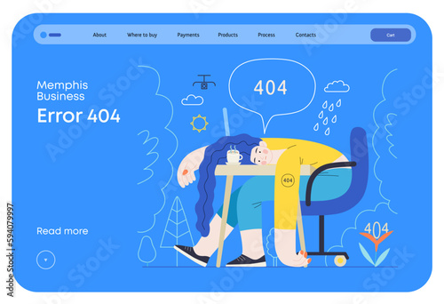 Memphis business illustration. Error 404 -modern flat vector concept illustration of page Error 404 - hopeless woman at the desk. Page not found metaphor. Corporate business sales concept