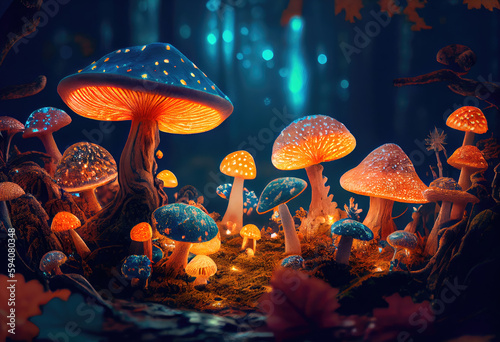 A bright enchanted forest with magical mushrooms. Generative AI