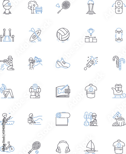 Weekend and outdoor games line icons collection. Frisbee, Volleyball, Soccer, Baseball, Cornhole, Bocce, Horseshoes vector and linear illustration. Croquet,Badminton,Tennis outline signs set