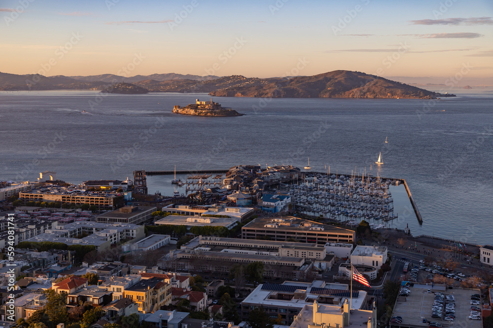 Fisherman's Wharf and Alcatraz Island at Sunset
