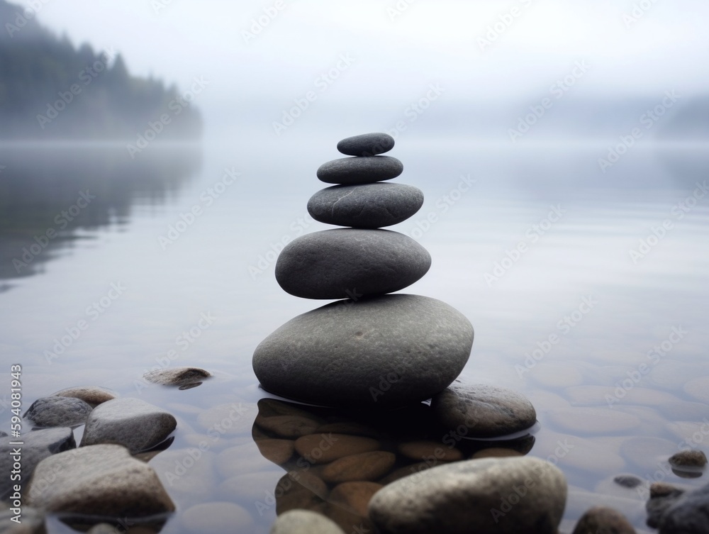 zen stones on the lake shore in foggy day, shallow dof zen stones on the lake shore in foggy day, shallow dof