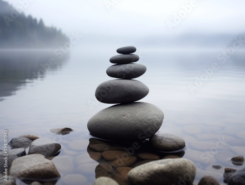 zen stones on the lake shore in foggy day  shallow dof
