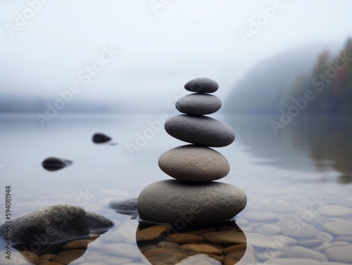 Stack of stones on the lake in foggy day. Zen concept.