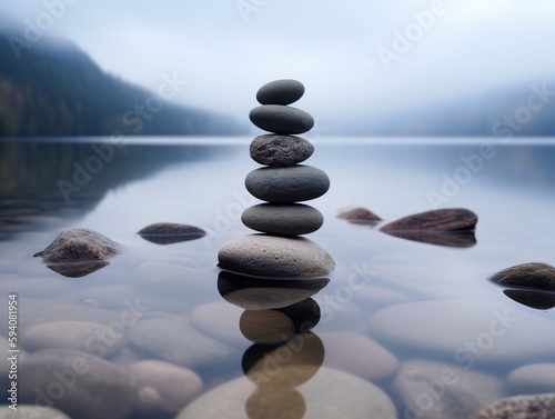Pyramid of pebbles on the shore of a mountain lake