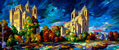 Trees grow in the square in front of the castle. Generative AI, Generative, AI