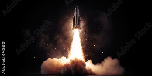 The rocket is launched into space. Rocket space ship. The ship flies to another planet. Generative AI. The spaceship takes off into the starry sky. Copy space for text or mock-up.