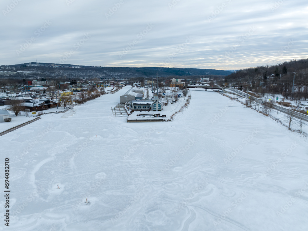 Winter aerial view of the Cayuga Lake inlet, Ithaca, NY.