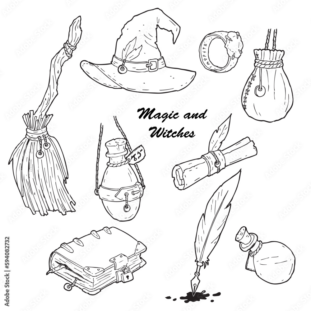 Fototapeta premium Witch and magic vector lineart icons
