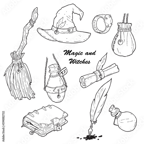 Witch and magic vector lineart icons
