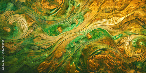A vintage paint background with swirls of green and gold. Generative AI