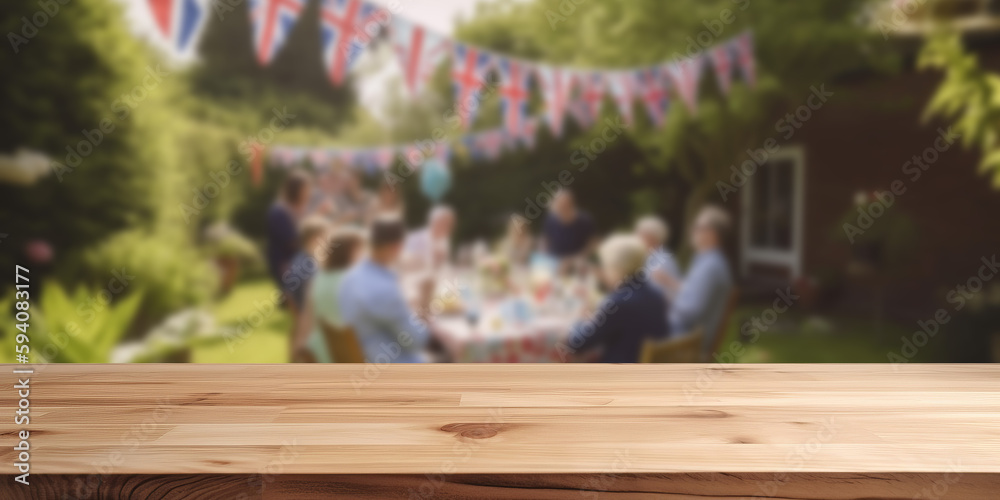 Empty wooden product display table with UK union jack garden party background. Generative ai Empty wooden product display table with UK union jack garden party background. Generative ai