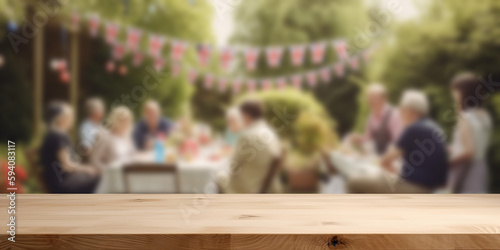 Empty wooden product display table with UK union jack garden party background. Generative ai