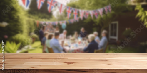 Empty wooden product display table with UK union jack garden party background. Generative ai © ink drop