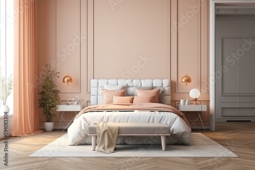 Friendly interior style. Bedroom room. Wall mockup. Wall art. 3d rendering  3d illustration. Generative AI