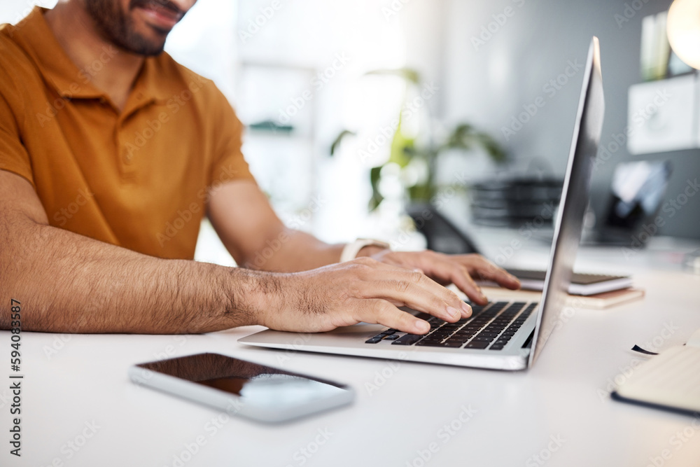 Hands typing, laptop and office with man, planning schedule or research on internet for seo job. Businessman, computer and website management in startup company with analysis, report or communication Hands typing, laptop and office with man, planning schedule or research on internet for seo job. Businessman, computer and website management in startup company with analysis, report or communication
