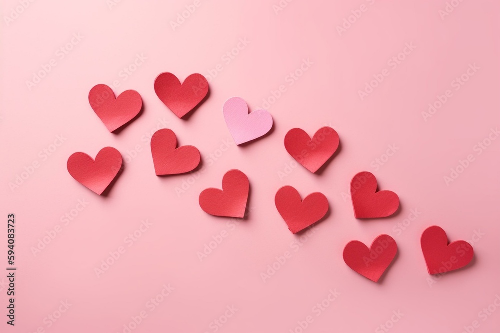Valentines Day greeting card with red wooden hearts on a pink background. Top view. Copy space. Generative AI