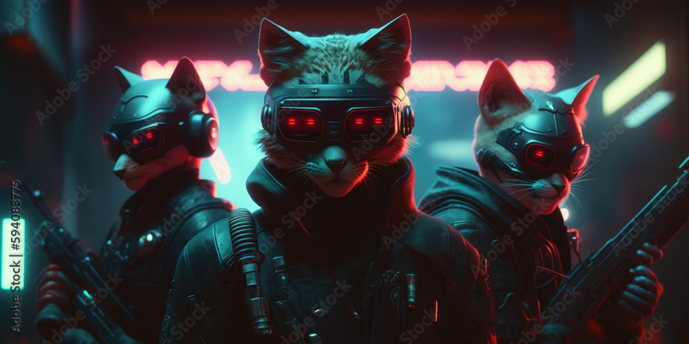 Cyberpunk Style Cyber Cats in Futuristic Neon Lit Street Cat City ...