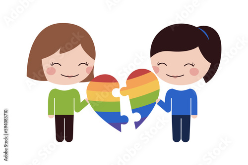 Día y mes del orgullo gay, dos mujeres felices uniendo su amor con un rompecabezas de corazón con colores  de la bandera LGBT. Vector