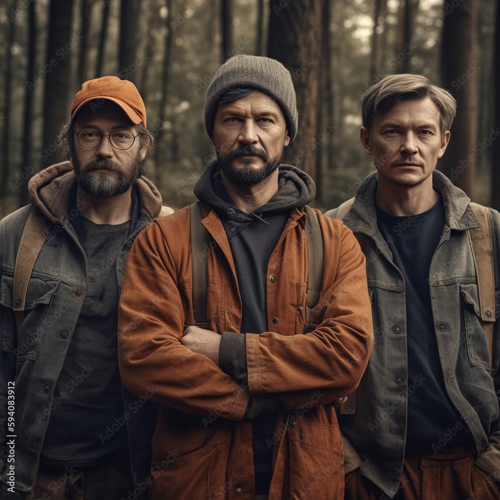 Advertising portrait shot of a woodcutter team standing together in a forest and they look at the camera. Generative AI Advertising portrait shot of a woodcutter team standing together in a forest and they look at the camera. Generative AI