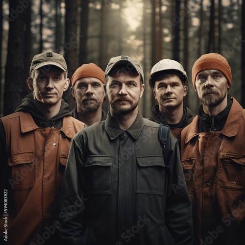 Advertising portrait shot of a woodcutter team standing together in a forest and they look at the camera. Generative AI