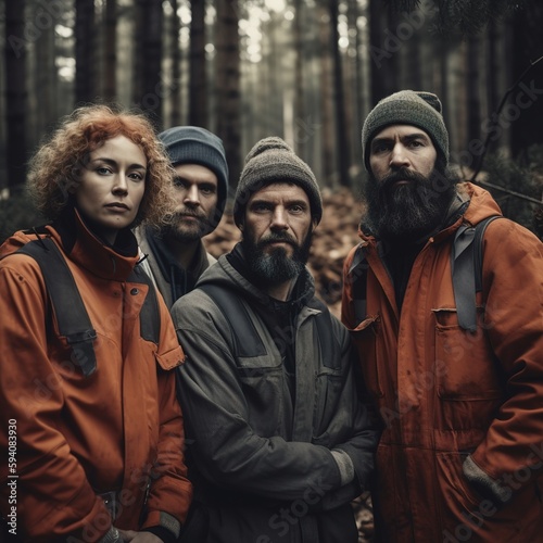 Advertising portrait shot of a woodcutter team standing together in a forest and they look at the camera. Generative AI