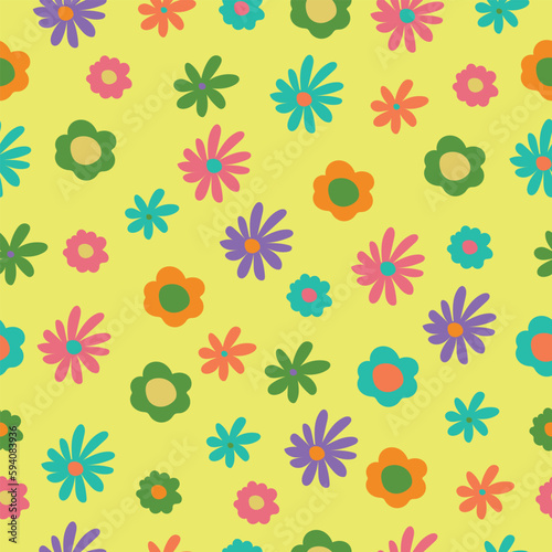 Cute floral summer pattern seamless, flowers on yellow background. Vector pattern for fabric, packaging, wallpaper, cover.