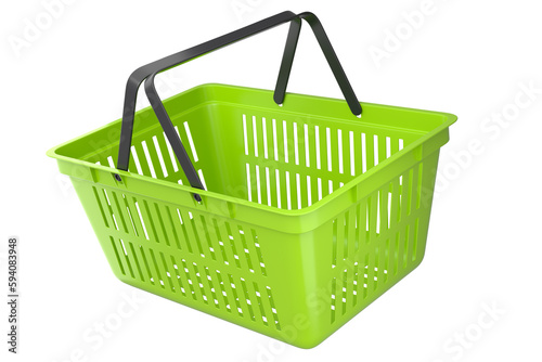 Plastic basket from supermarket for online shopping on white background.