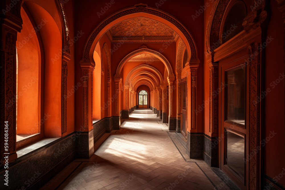 An orange corridor with arches