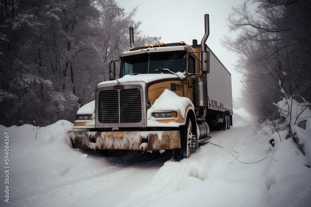 The truck goes on snow in winter conditions, Generative AI The truck goes on snow in winter conditions, Generative AI