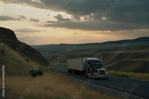 Semi truck goes on an asphalt road, through a wonderful landscape and sunset, Generative AI