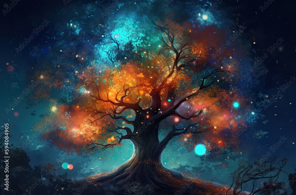 Obraz premium A colorful tree with colorful stars inside. Generative AI