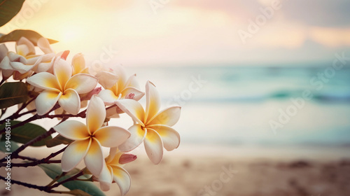 Branch of frangipani - plumeria - flowers on tropical beachfront, closeup, with copy space photo