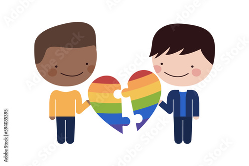 Día y mes del orgullo gay, pareja de hombres felices uniendo su amor con un rompecabezas de corazón con colores de la bandera LGBT. Vector