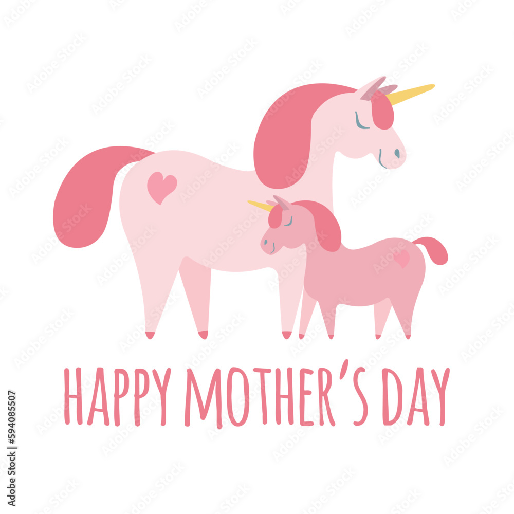 Vector happy pink Mother’s Day lettering and unicorn isolated on white background